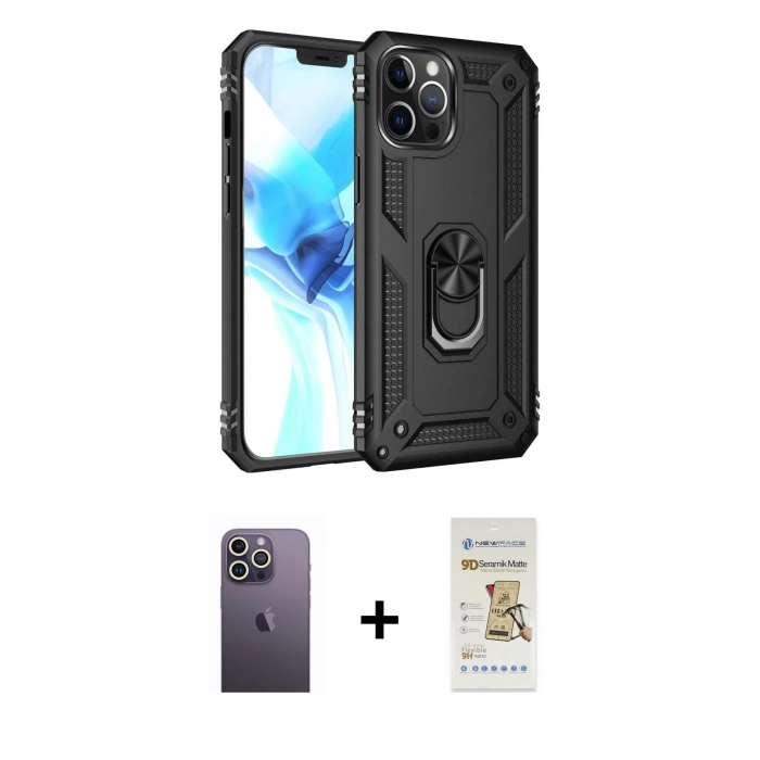 MARSİLYAN™- iPhone 12 Pro Max Kılıf Ahenk Klasik Koleksiyonu - Siyah Mat Seramik Nano Ekran Koruyucu + Neon Fosforlu Kamera Lens - BZ