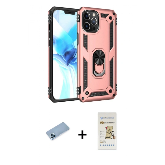 MARSİLYAN™- iPhone 12 Pro Max Kılıf Ahenk Klasik Koleksiyonu - Siyah Mat Seramik Nano Ekran Koruyucu + Shine Kamera Lens Koruma Cam - MI