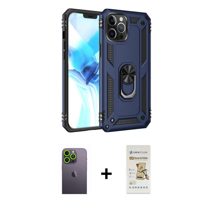 MARSİLYAN™- iPhone 12 Pro Max Kılıf Ahenk Klasik Koleksiyonu - Siyah Mat Seramik Nano Ekran Koruyucu + Neon Fosforlu Kamera Lens - YL