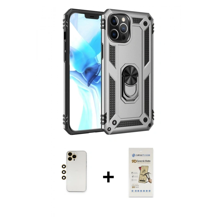 MARSİLYAN™- iPhone 12 Pro Max Kılıf Ahenk Klasik Koleksiyonu - Siyah Mat Seramik Nano Ekran Koruyucu + Shine Kamera Lens - GD