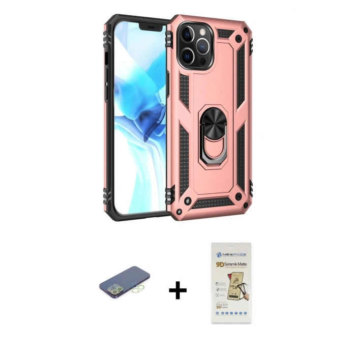 MARSİLYAN™- iPhone 12 Pro Max Kılıf Ahenk Klasik Koleksiyonu - Siyah Mat Seramik Nano Ekran Koruyucu + Renkli Kamera Lens Koruma Cam - YL