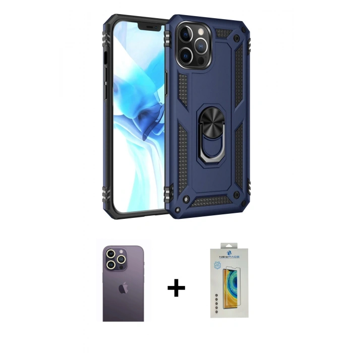 MARSİLYAN™- iPhone 12 Pro Max Kılıf Ahenk Klasik Koleksiyonu - Siyah Polymer Nano Ekran Koruyucu + Neon Fosforlu Kamera Lens - BZ