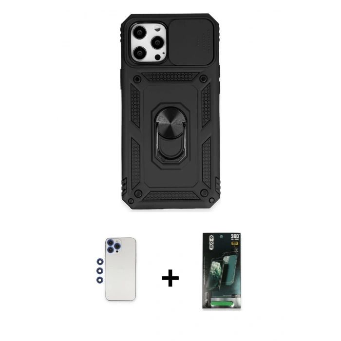 MARSİLYAN™- iPhone 12 Pro Max Kılıf Ahenk Klasik - Şeffaf 360 Full Body Arka Koruyucu + Shine Kamera Lens - LT