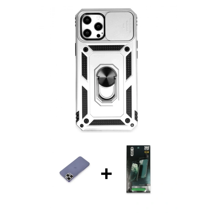 MARSİLYAN™- iPhone 12 Pro Max Kılıf Ahenk Klasik - Şeffaf 360 Full Body Arka Koruyucu + Metal Kamera Lens Koruma Cam - GD