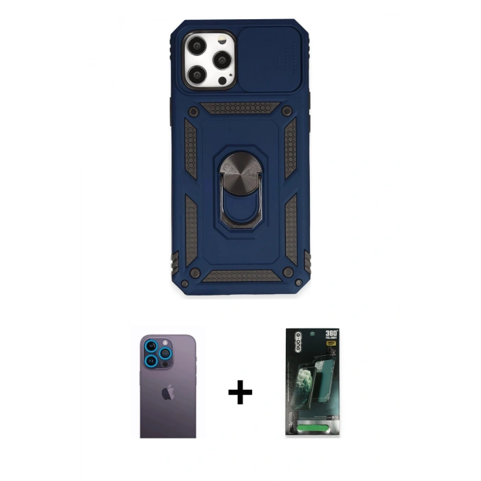 MARSİLYAN™- iPhone 12 Pro Max Kılıf Ahenk Klasik - Şeffaf 360 Full Body Arka Koruyucu + Neon Fosforlu Kamera Lens - MI