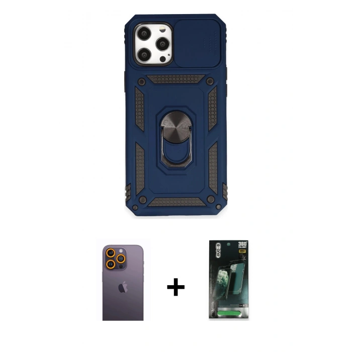 MARSİLYAN™- iPhone 12 Pro Max Kılıf Ahenk Klasik - Şeffaf 360 Full Body Arka Koruyucu + Neon Fosforlu Kamera Lens - SI