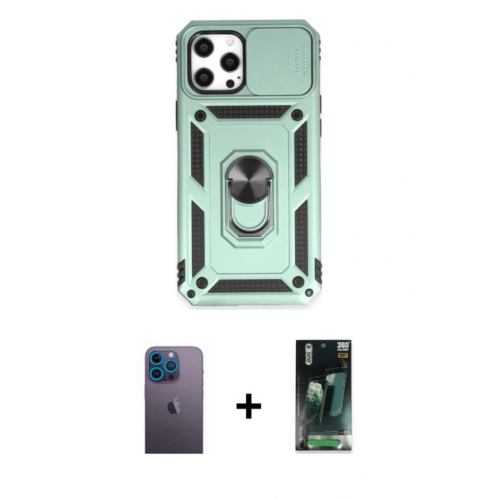 MARSİLYAN™- iPhone 12 Pro Max Kılıf Ahenk Klasik - Şeffaf 360 Full Body Arka Koruyucu + Neon Fosforlu Kamera Lens - MI