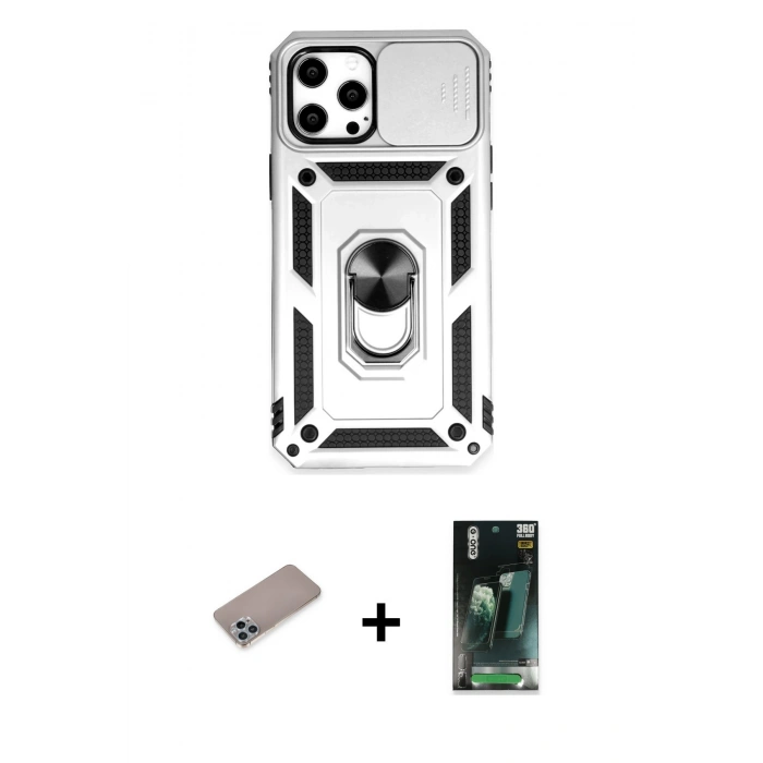 MARSİLYAN™- iPhone 12 Pro Max Kılıf Ahenk Klasik - Şeffaf 360 Full Body Arka Koruyucu + Shine Kamera Lens Koruma Cam - SABE