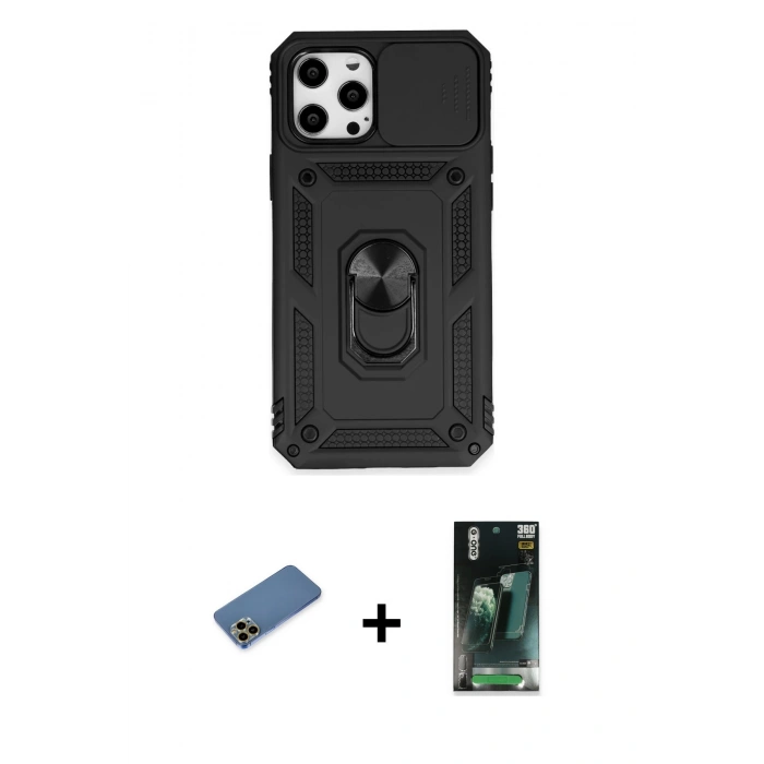 MARSİLYAN™- iPhone 12 Pro Max Kılıf Ahenk Klasik - Şeffaf 360 Full Body Arka Koruyucu + Shine Kamera Lens Koruma Cam - GD