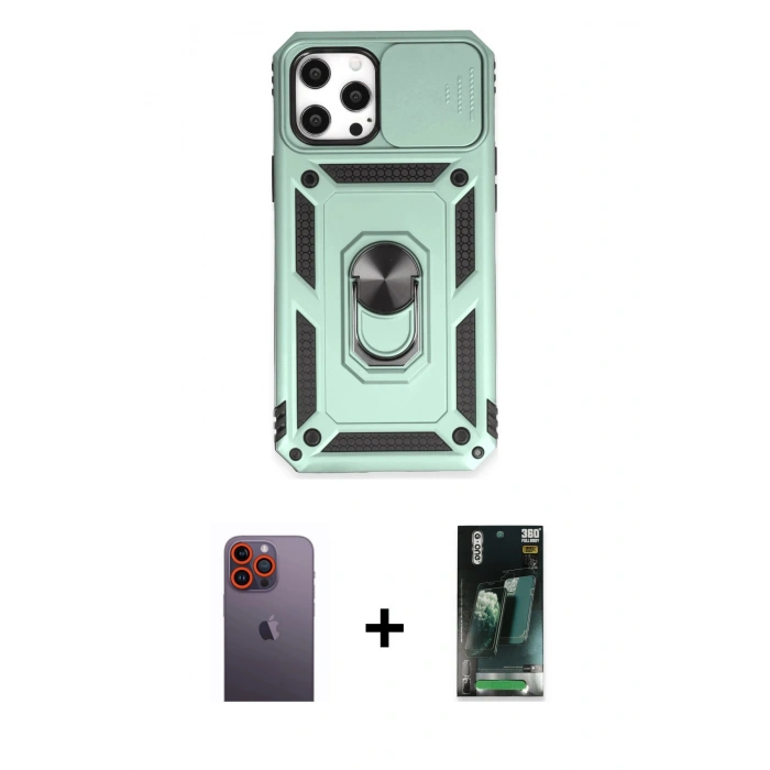 MARSİLYAN™- iPhone 12 Pro Max Kılıf Ahenk Klasik - Şeffaf 360 Full Body Arka Koruyucu + Neon Fosforlu Kamera Lens - TU