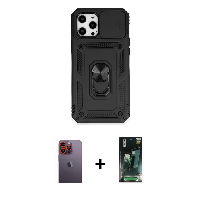 MARSİLYAN™- iPhone 12 Pro Max Kılıf Ahenk Klasik - Şeffaf 360 Full Body Arka Koruyucu + Neon Fosforlu Kamera Lens - TU