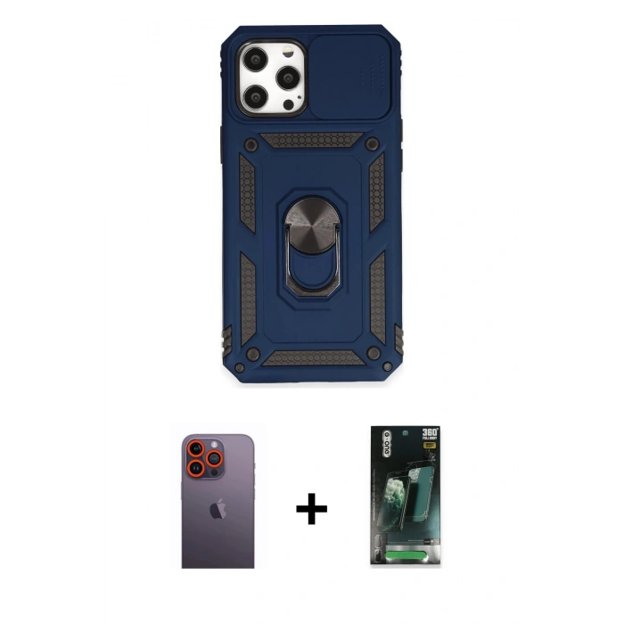 MARSİLYAN™- iPhone 12 Pro Max Kılıf Ahenk Klasik - Şeffaf 360 Full Body Arka Koruyucu + Neon Fosforlu Kamera Lens - TU