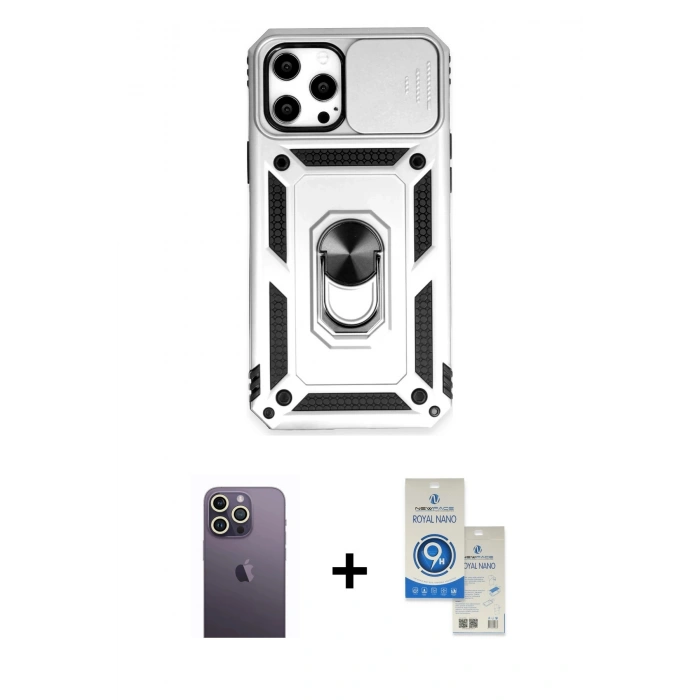 MARSİLYAN™- iPhone 12 Pro Max Kılıf Ahenk Klasik - Şeffaf Royal Nano Ekran Koruyucu + Neon Fosforlu Kamera Lens - BZ