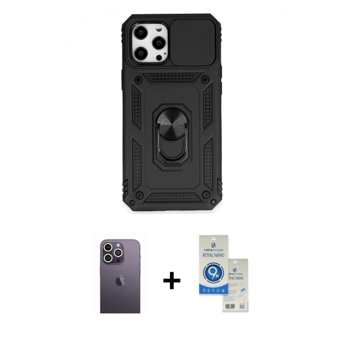 MARSİLYAN™- iPhone 12 Pro Max Kılıf Ahenk Klasik - Şeffaf Royal Nano Ekran Koruyucu + Neon Fosforlu Kamera Lens - BZ