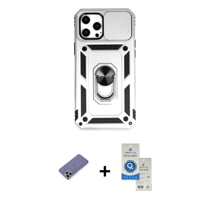 MARSİLYAN™- iPhone 12 Pro Max Kılıf Ahenk Klasik - Şeffaf Royal Nano Ekran Koruyucu + Metal Kamera Lens Koruma Cam - GD