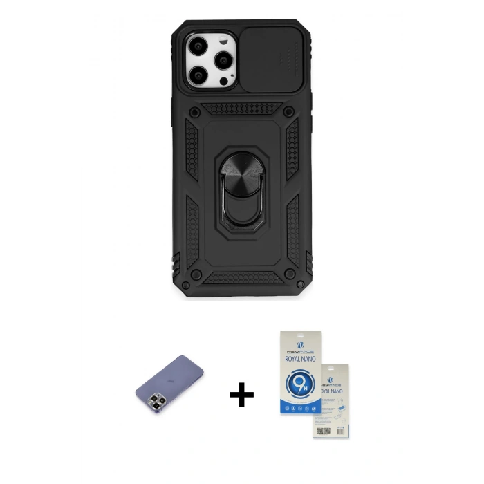 MARSİLYAN™- iPhone 12 Pro Max Kılıf Ahenk Klasik - Şeffaf Royal Nano Ekran Koruyucu + Metal Kamera Lens Koruma Cam - GD