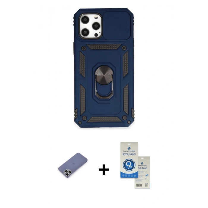 MARSİLYAN™- iPhone 12 Pro Max Kılıf Ahenk Klasik - Şeffaf Royal Nano Ekran Koruyucu + Metal Kamera Lens Koruma Cam - GD