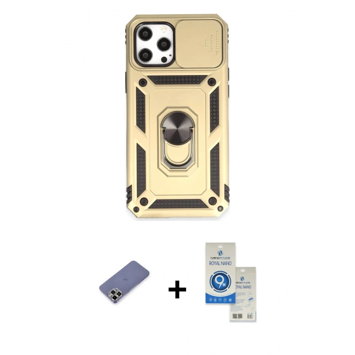 MARSİLYAN™- iPhone 12 Pro Max Kılıf Ahenk Klasik - Şeffaf Royal Nano Ekran Koruyucu + Metal Kamera Lens Koruma Cam - GD