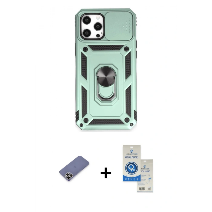 MARSİLYAN™- iPhone 12 Pro Max Kılıf Ahenk Klasik - Şeffaf Royal Nano Ekran Koruyucu + Metal Kamera Lens Koruma Cam - GD