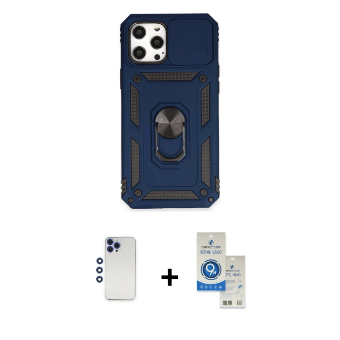 MARSİLYAN™- iPhone 12 Pro Max Kılıf Ahenk Klasik - Şeffaf Royal Nano Ekran Koruyucu + Shine Kamera Lens - LT