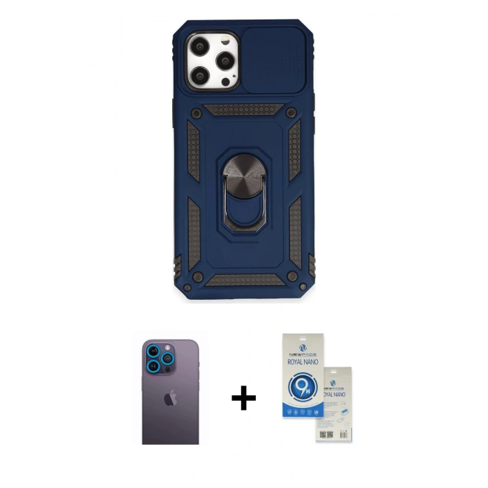 MARSİLYAN™- iPhone 12 Pro Max Kılıf Ahenk Klasik - Şeffaf Royal Nano Ekran Koruyucu + Neon Fosforlu Kamera Lens - MI