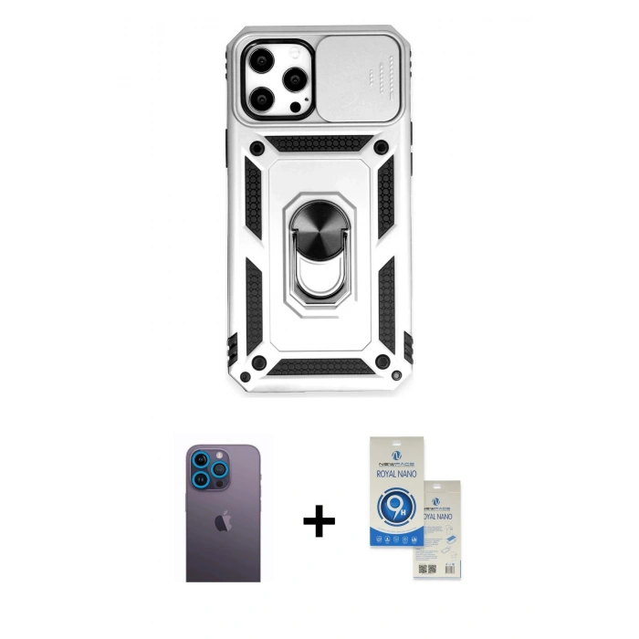 MARSİLYAN™- iPhone 12 Pro Max Kılıf Ahenk Klasik - Şeffaf Royal Nano Ekran Koruyucu + Neon Fosforlu Kamera Lens - MI