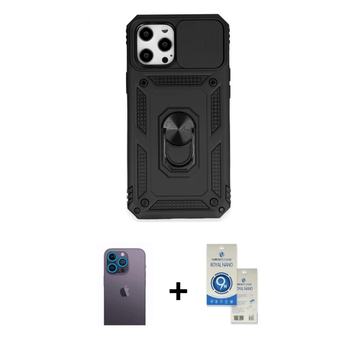 MARSİLYAN™- iPhone 12 Pro Max Kılıf Ahenk Klasik - Şeffaf Royal Nano Ekran Koruyucu + Neon Fosforlu Kamera Lens - MI