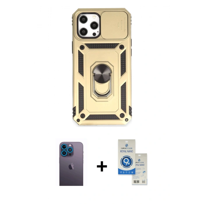 MARSİLYAN™- iPhone 12 Pro Max Kılıf Ahenk Klasik - Şeffaf Royal Nano Ekran Koruyucu + Neon Fosforlu Kamera Lens - MI