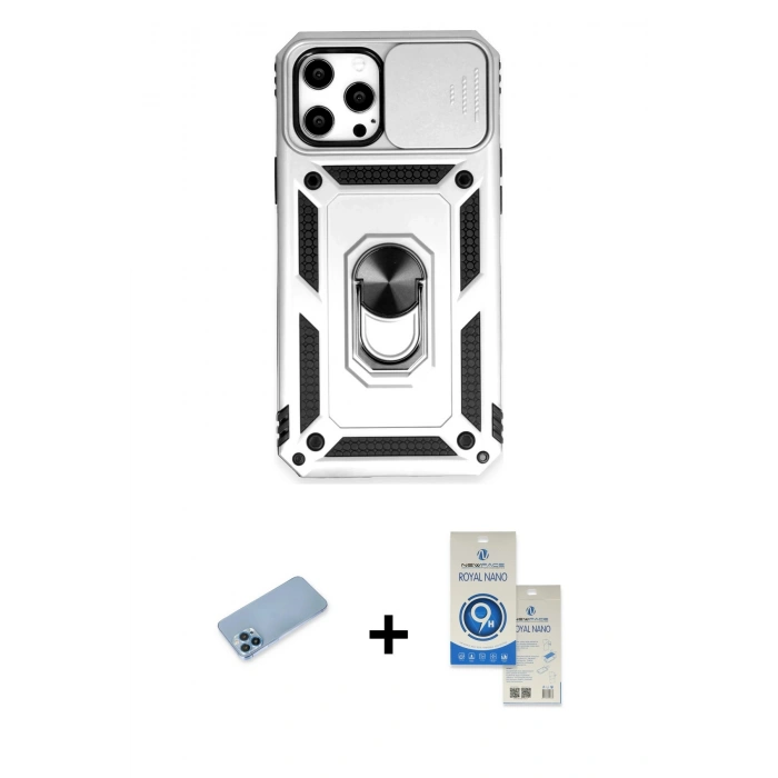 MARSİLYAN™- iPhone 12 Pro Max Kılıf Ahenk Klasik - Şeffaf Royal Nano Ekran Koruyucu + Shine Kamera Lens Koruma Cam - MI