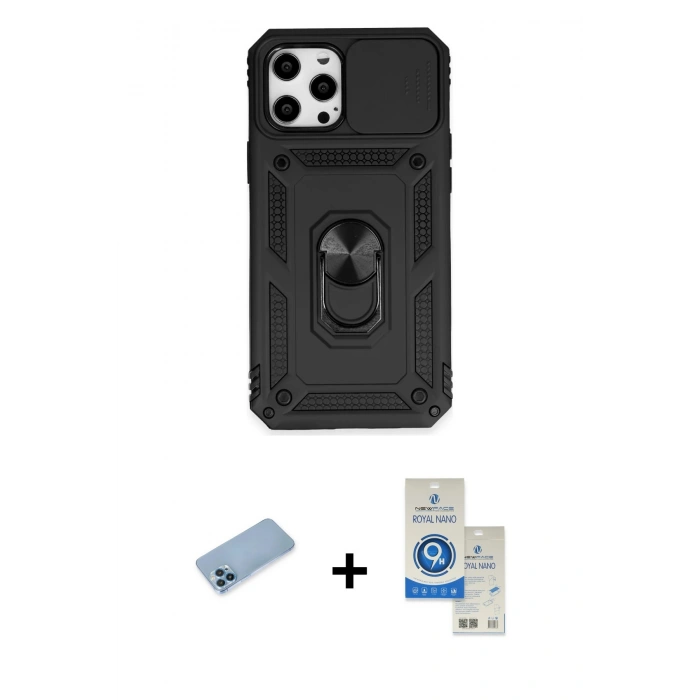 MARSİLYAN™- iPhone 12 Pro Max Kılıf Ahenk Klasik - Şeffaf Royal Nano Ekran Koruyucu + Shine Kamera Lens Koruma Cam - MI