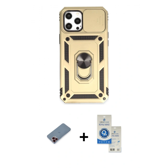 MARSİLYAN™- iPhone 12 Pro Max Kılıf Ahenk Klasik - Şeffaf Royal Nano Ekran Koruyucu + Metal Kamera Lens Koruma Cam - KI