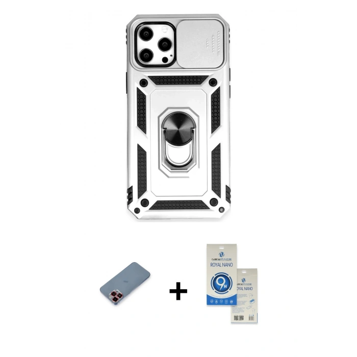 MARSİLYAN™- iPhone 12 Pro Max Kılıf Ahenk Klasik - Şeffaf Royal Nano Ekran Koruyucu + Metal Kamera Lens Koruma Cam - KI