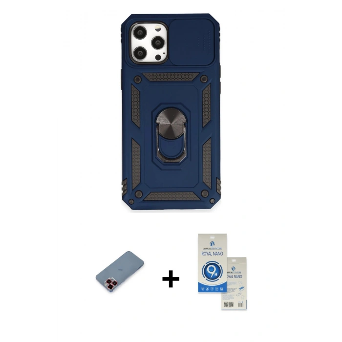 MARSİLYAN™- iPhone 12 Pro Max Kılıf Ahenk Klasik - Şeffaf Royal Nano Ekran Koruyucu + Metal Kamera Lens Koruma Cam - KI