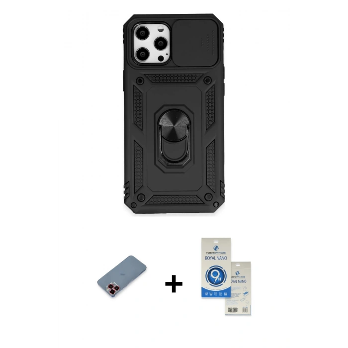 MARSİLYAN™- iPhone 12 Pro Max Kılıf Ahenk Klasik - Şeffaf Royal Nano Ekran Koruyucu + Metal Kamera Lens Koruma Cam - KI