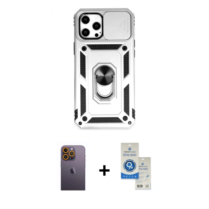 MARSİLYAN™- iPhone 12 Pro Max Kılıf Ahenk Klasik - Şeffaf Royal Nano Ekran Koruyucu + Neon Fosforlu Kamera Lens - SI