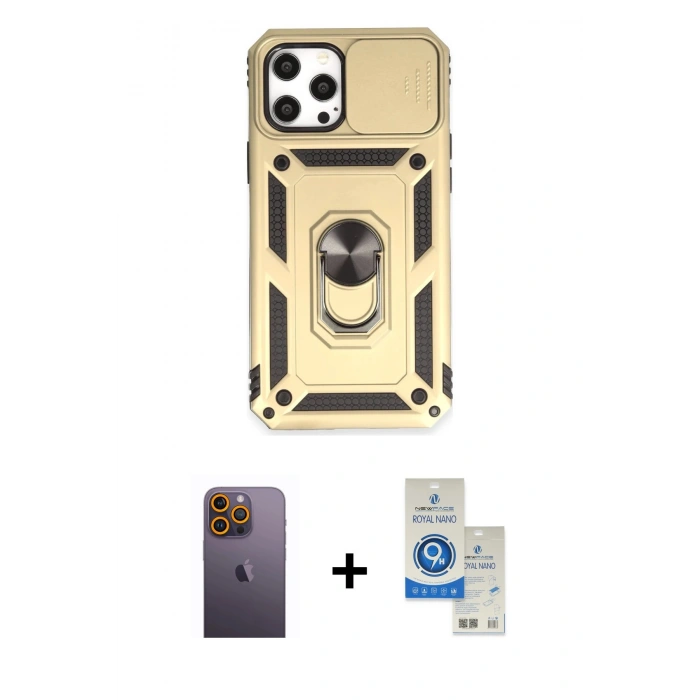 MARSİLYAN™- iPhone 12 Pro Max Kılıf Ahenk Klasik - Şeffaf Royal Nano Ekran Koruyucu + Neon Fosforlu Kamera Lens - SI