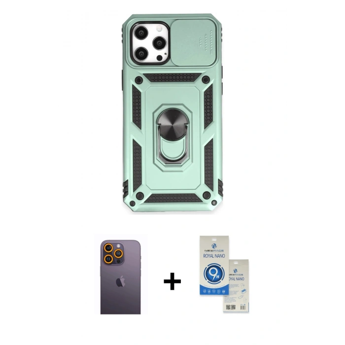 MARSİLYAN™- iPhone 12 Pro Max Kılıf Ahenk Klasik - Şeffaf Royal Nano Ekran Koruyucu + Neon Fosforlu Kamera Lens - SI