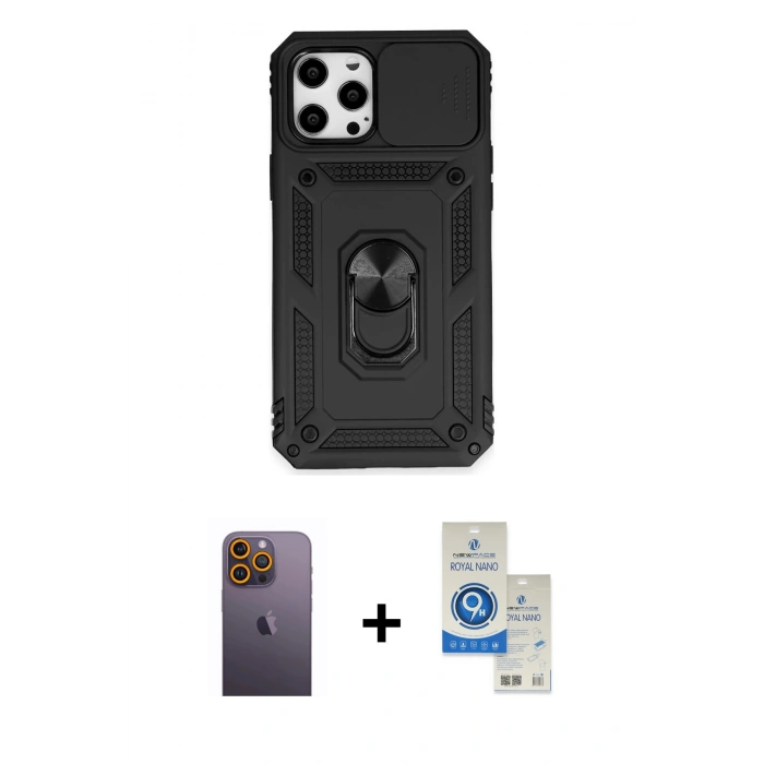 MARSİLYAN™- iPhone 12 Pro Max Kılıf Ahenk Klasik - Şeffaf Royal Nano Ekran Koruyucu + Neon Fosforlu Kamera Lens - SI
