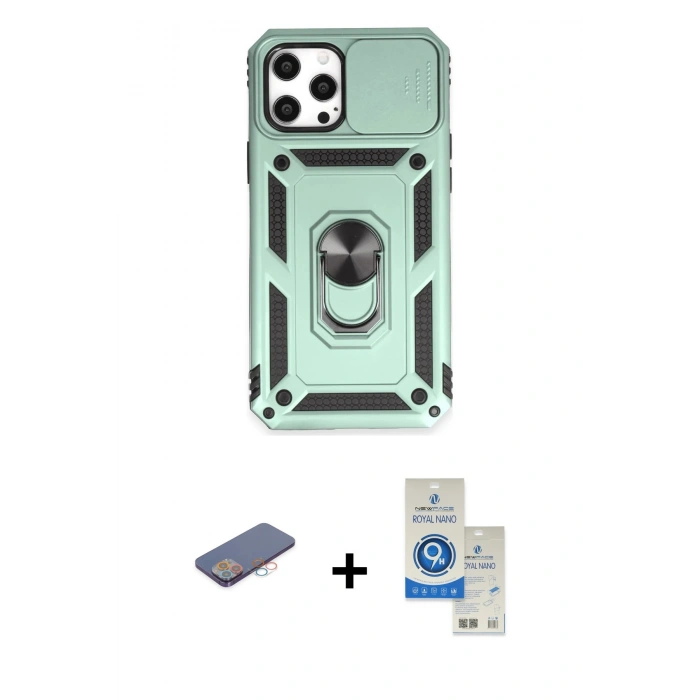 MARSİLYAN™- iPhone 12 Pro Max Kılıf Ahenk Klasik - Şeffaf Royal Nano Ekran Koruyucu + Renkli Kamera Lens Koruma Cam - PE