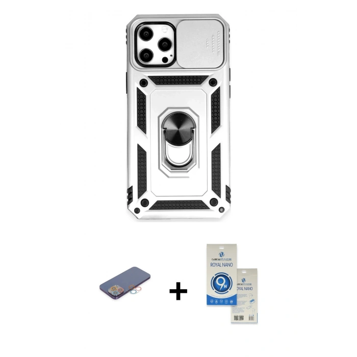 MARSİLYAN™- iPhone 12 Pro Max Kılıf Ahenk Klasik - Şeffaf Royal Nano Ekran Koruyucu + Renkli Kamera Lens Koruma Cam - PE