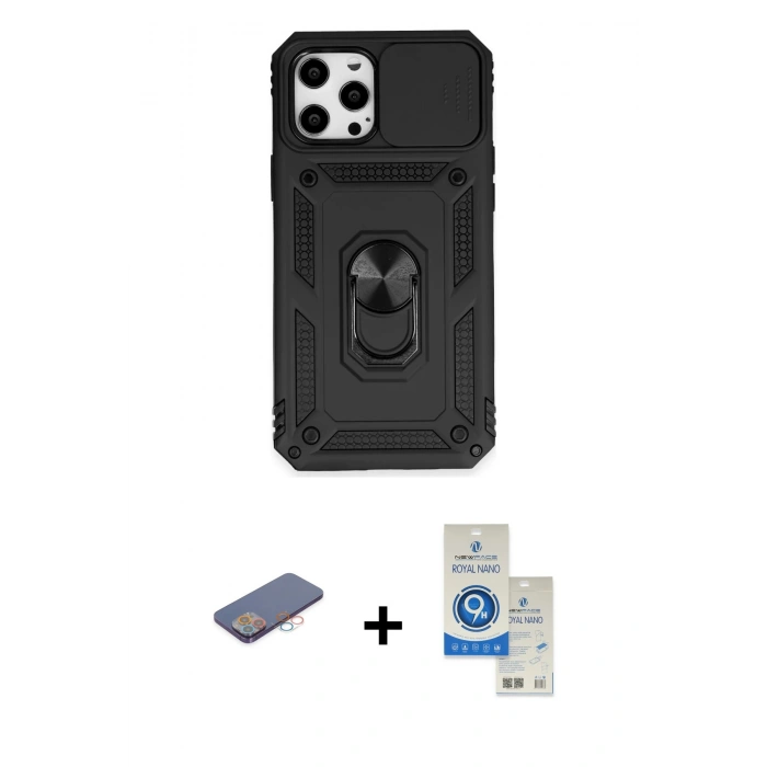 MARSİLYAN™- iPhone 12 Pro Max Kılıf Ahenk Klasik - Şeffaf Royal Nano Ekran Koruyucu + Renkli Kamera Lens Koruma Cam - PE