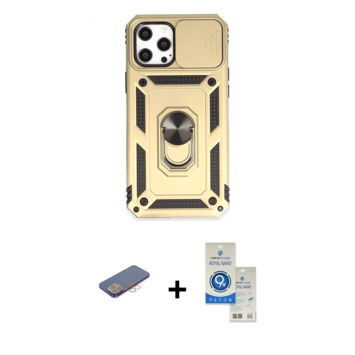 MARSİLYAN™- iPhone 12 Pro Max Kılıf Ahenk Klasik - Şeffaf Royal Nano Ekran Koruyucu + Renkli Kamera Lens Koruma Cam - PE
