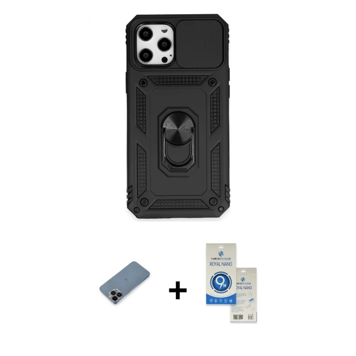 MARSİLYAN™- iPhone 12 Pro Max Kılıf Ahenk Klasik - Şeffaf Royal Nano Ekran Koruyucu + Shine Kamera Lens Koruma Cam - SH