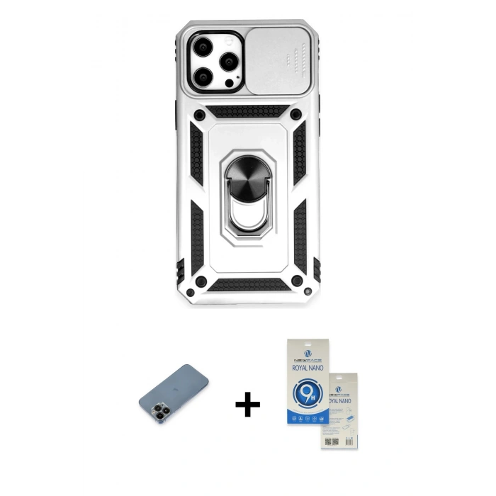 MARSİLYAN™- iPhone 12 Pro Max Kılıf Ahenk Klasik - Şeffaf Royal Nano Ekran Koruyucu + Shine Kamera Lens Koruma Cam - SH
