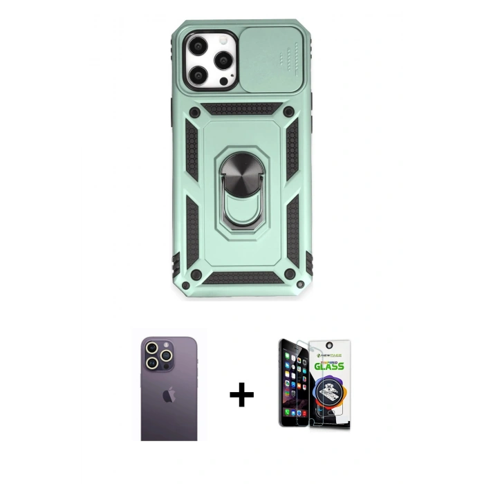 MARSİLYAN™- iPhone 12 Pro Max Kılıf Ahenk Klasik - Şeffaf Temperli Cam Ekran Koruyucu + Neon Fosforlu Kamera Lens - BZ