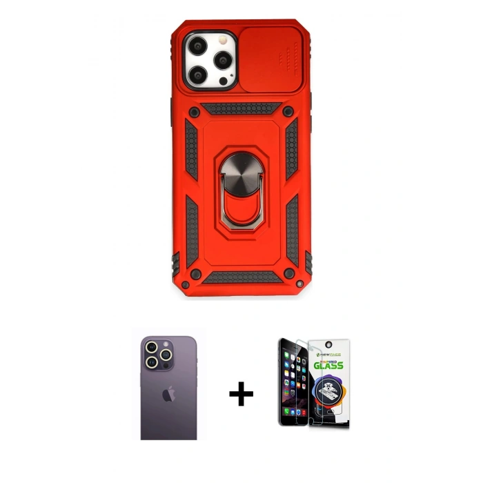 MARSİLYAN™- iPhone 12 Pro Max Kılıf Ahenk Klasik - Şeffaf Temperli Cam Ekran Koruyucu + Neon Fosforlu Kamera Lens - BZ