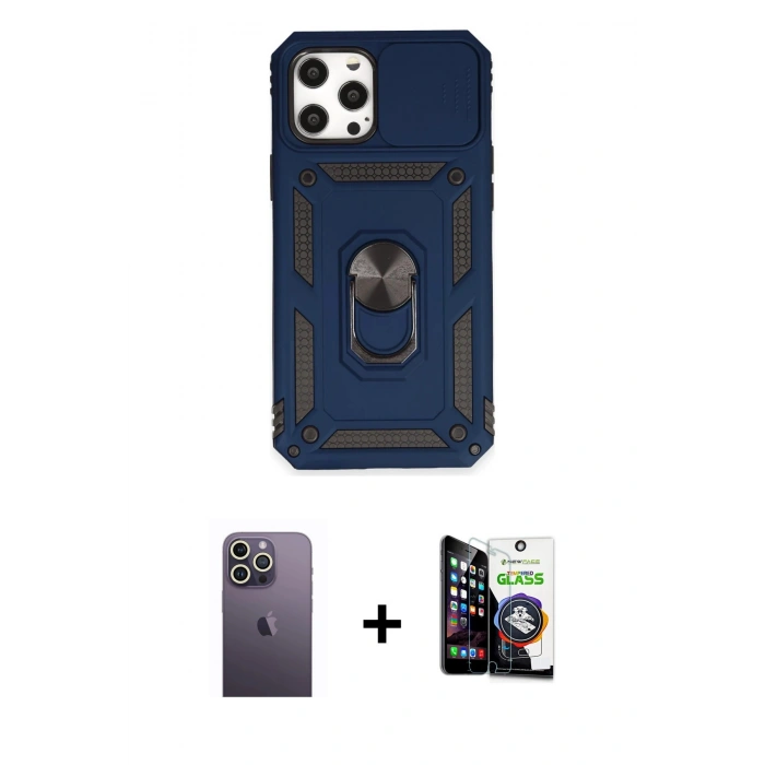 MARSİLYAN™- iPhone 12 Pro Max Kılıf Ahenk Klasik - Şeffaf Temperli Cam Ekran Koruyucu + Neon Fosforlu Kamera Lens - BZ