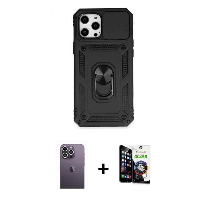 MARSİLYAN™- iPhone 12 Pro Max Kılıf Ahenk Klasik - Şeffaf Temperli Cam Ekran Koruyucu + Neon Fosforlu Kamera Lens - BZ