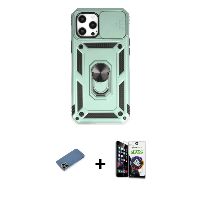 MARSİLYAN™- iPhone 12 Pro Max Kılıf Ahenk Klasik - Şeffaf Temperli Cam Ekran Koruyucu + Gold Shine Kamera Lens Koruma Cam