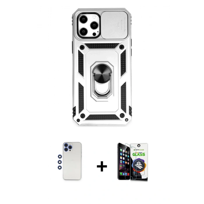 MARSİLYAN™- iPhone 12 Pro Max Kılıf Ahenk Klasik - Şeffaf Temperli Cam Ekran Koruyucu + Shine Kamera Lens - LT